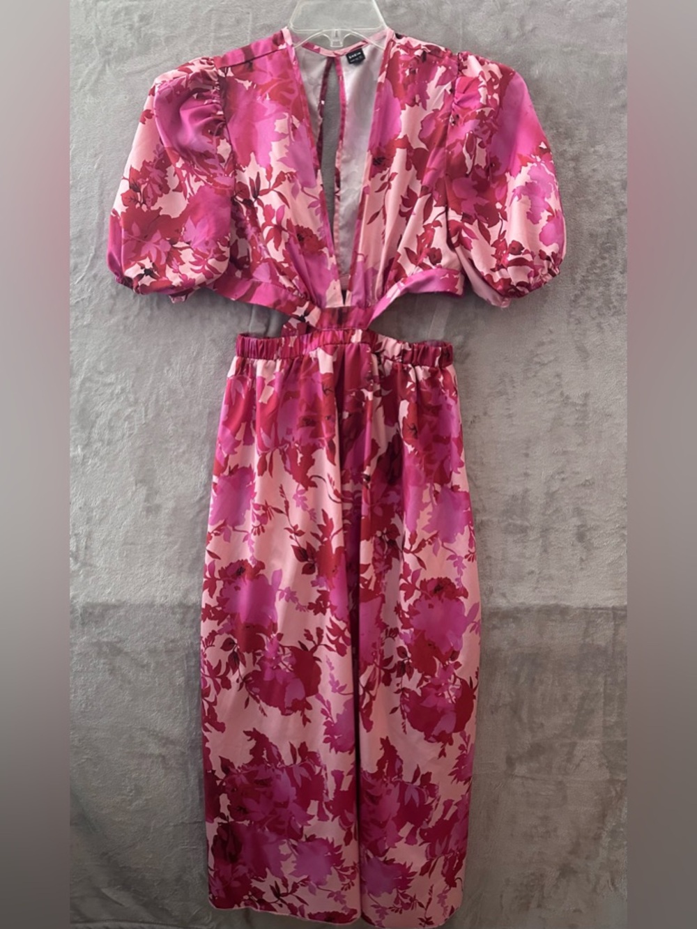SHEIN Dress Medium MIDI Rose-pink Floral Puff Sleeves Cut out sides Boho Summer
